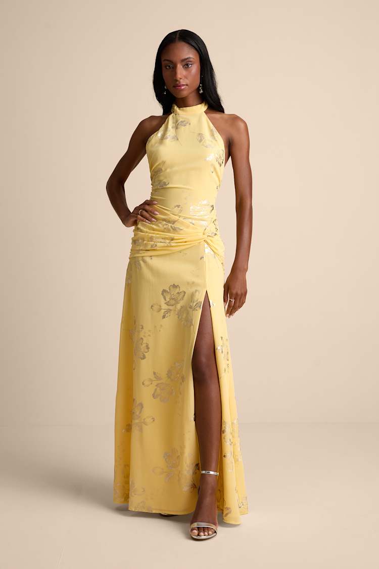 princess polly baby blue dress Yellow Chiffon Gown - Metallic Floral Gown - Backless Maxi Dress