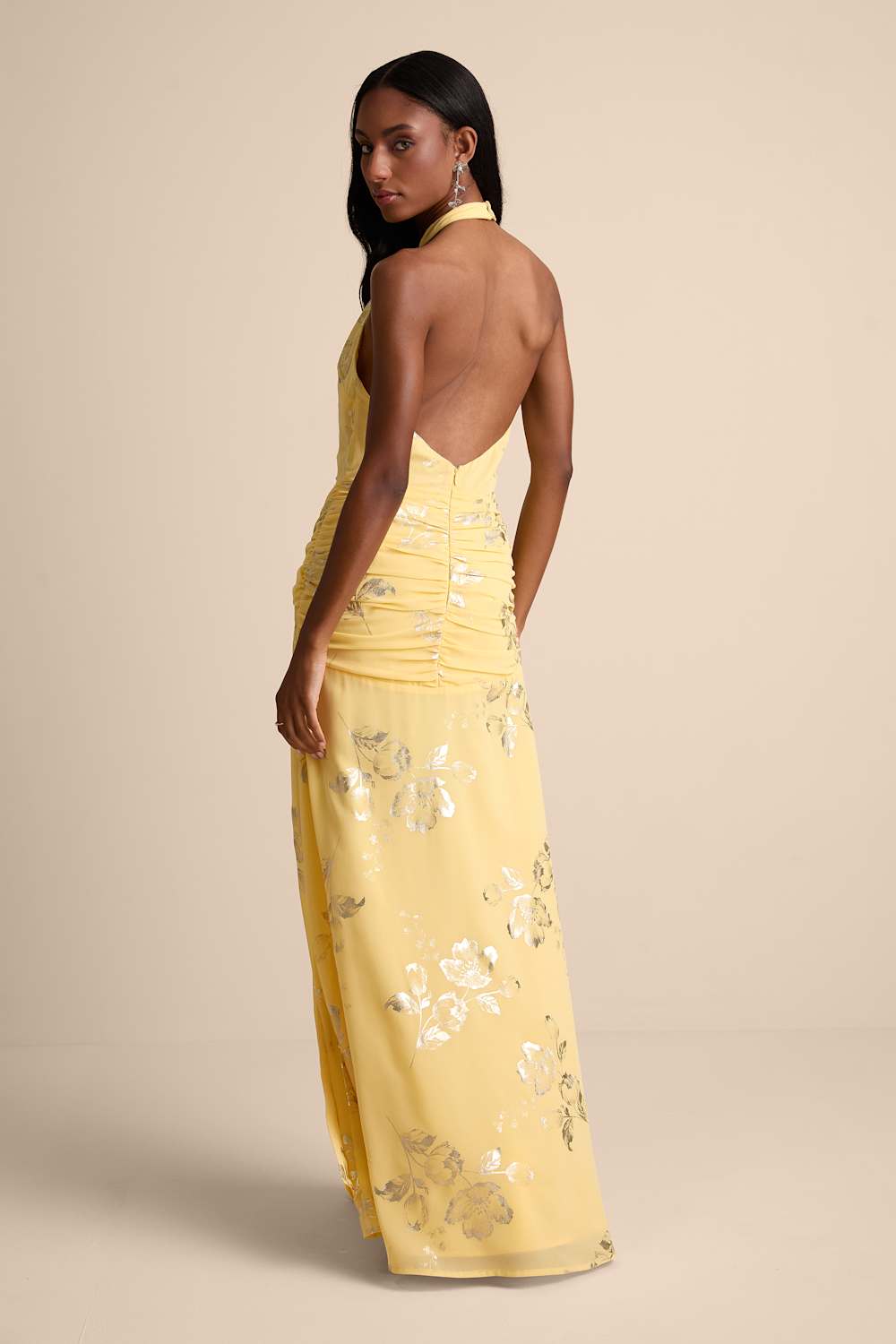 Dayana Yellow Metallic Floral Backless Maxi Dress