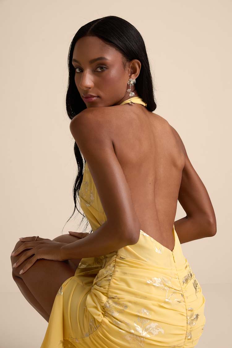 Dayana Yellow Metallic Floral Backless Maxi Dress