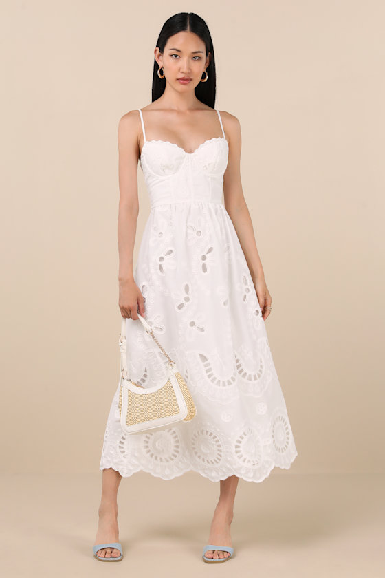 White Sundress - Bustier Midi Dress - Embroidered Midi Dress