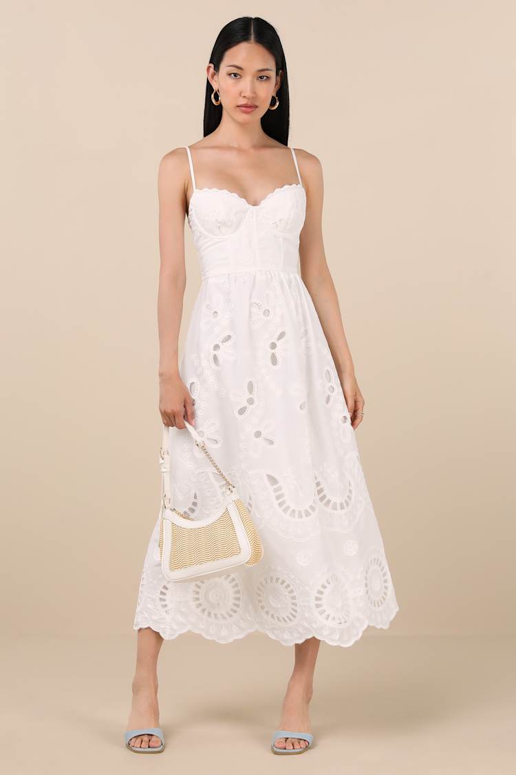 white midi dress embroidered SIMKHAI Women's Gillian Embroidered Linen Midi Dress in White, Lace, Size 8 main image 1