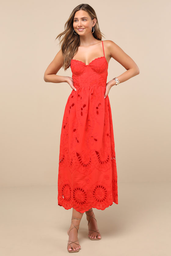 Image of Jenora Bright Red Embroidered Bustier Midi Dress