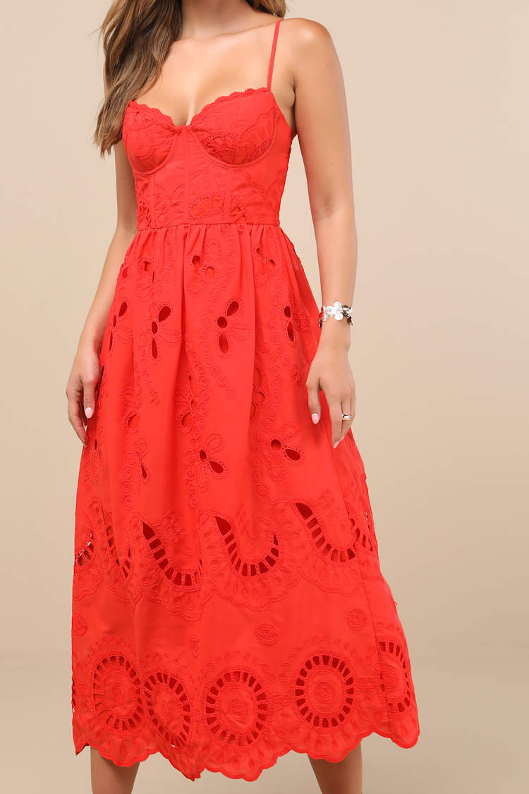 Jenora Bright Red Embroidered Bustier Midi Dress