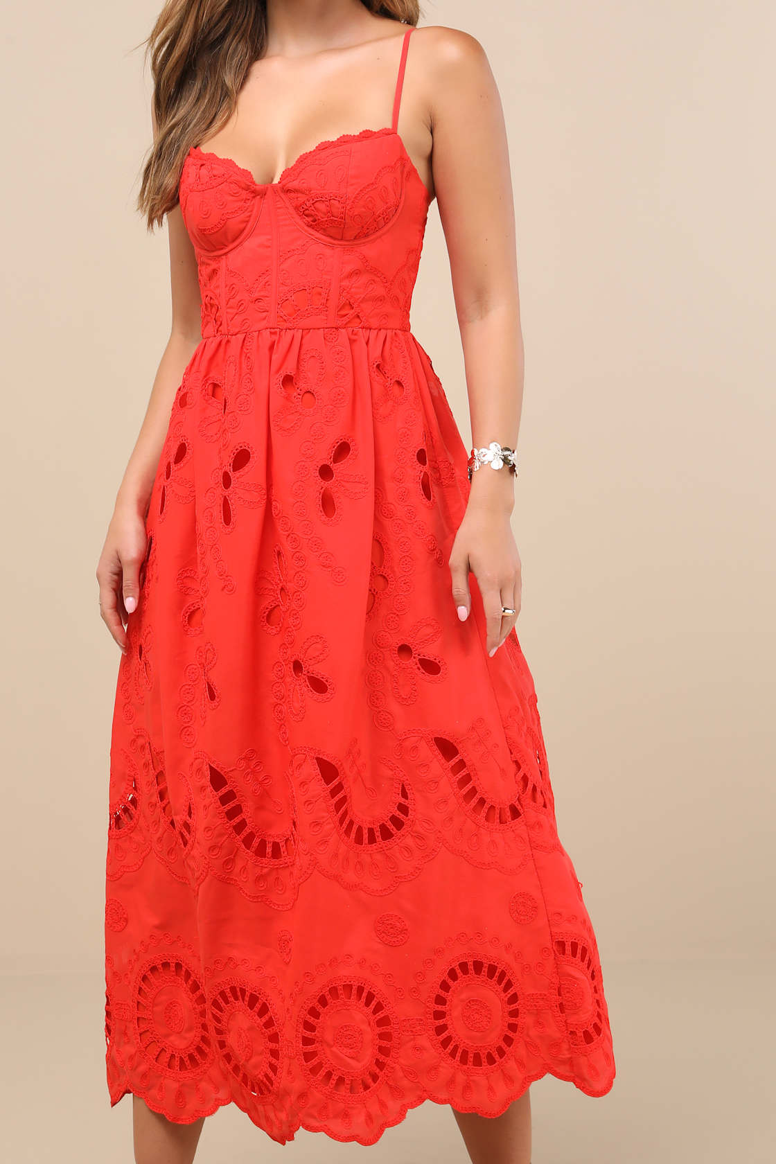 Jenora Bright Red Embroidered Bustier Midi Dress