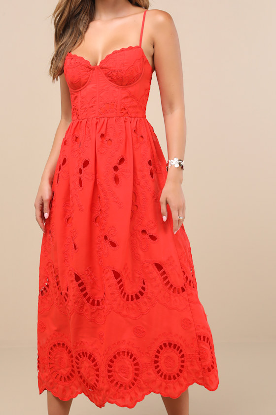 Jenora Bright Red Embroidered Bustier Midi Dress 3