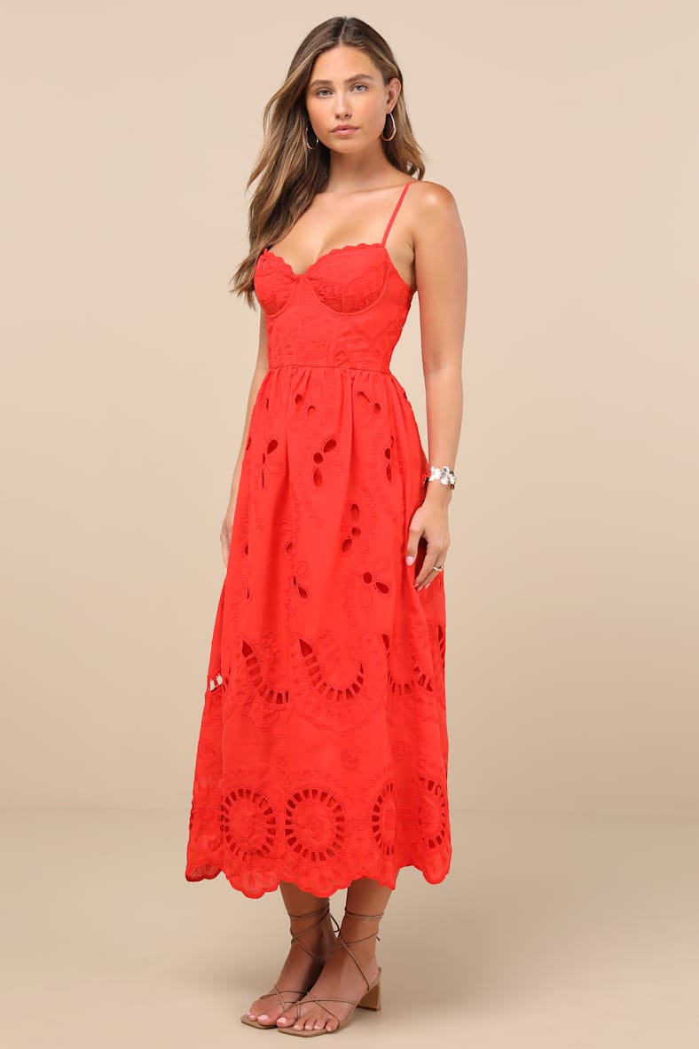 Jenora Bright Red Embroidered Bustier Midi Dress