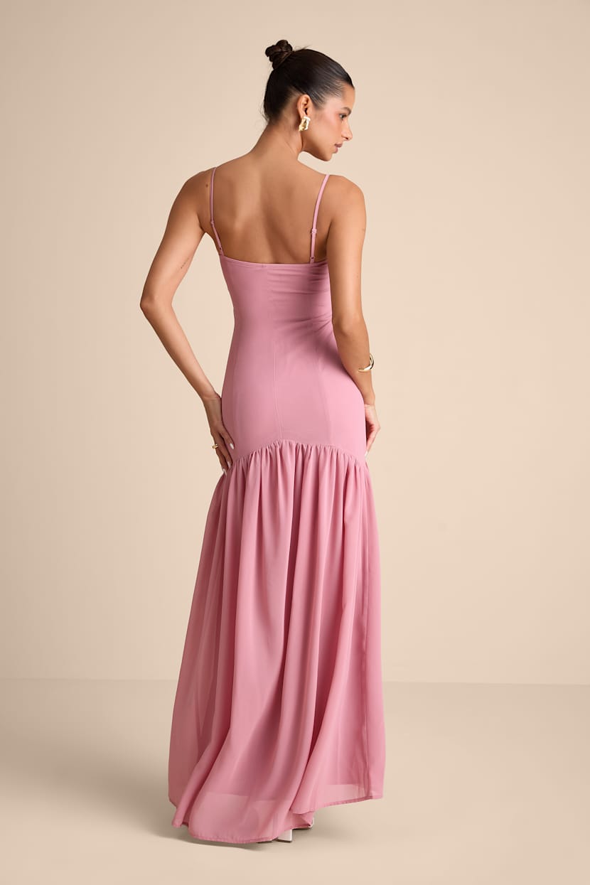 strapless open back dress Pink Chiffon A Line V Neck Long Bridesmaid Dress PB132