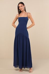Auria Navy Blue Chiffon Drop Waist Maxi Dress 1