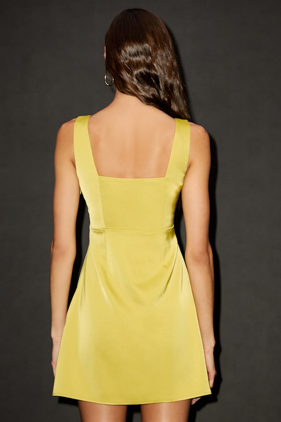 Chartreuse Satin Dress - Square Neck Dress - Sleeveless Dress - Image 4