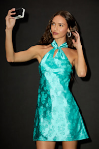 Got the Key Teal Green Satin Floral Jacquard Halter Mini Dress 1
