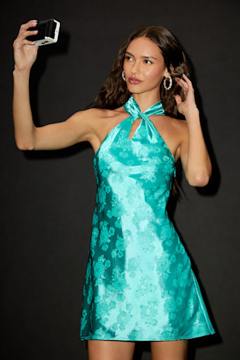 Got the Key Teal Green Satin Floral Jacquard Halter Mini Dress 1