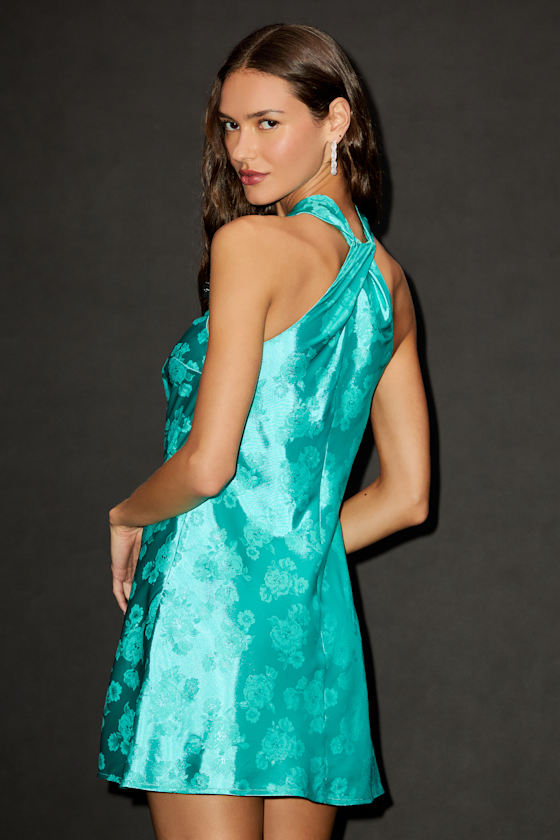 Got the Key Teal Green Satin Floral Jacquard Halter Mini Dress 3