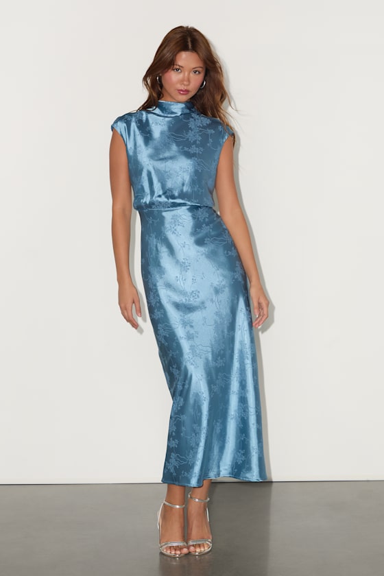 Image of Gia Slate Blue Satin Jacquard Cutout Midi Dress