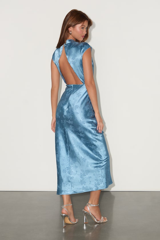 Gia Slate Blue Satin Jacquard Cutout Midi Dress 3