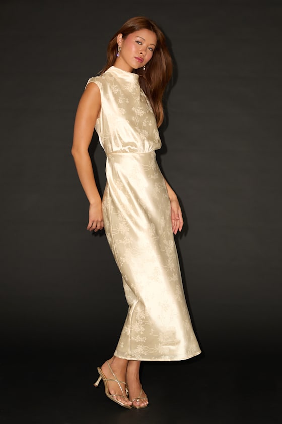 Gia Cream Satin Jacquard Cutout Midi Dress 1