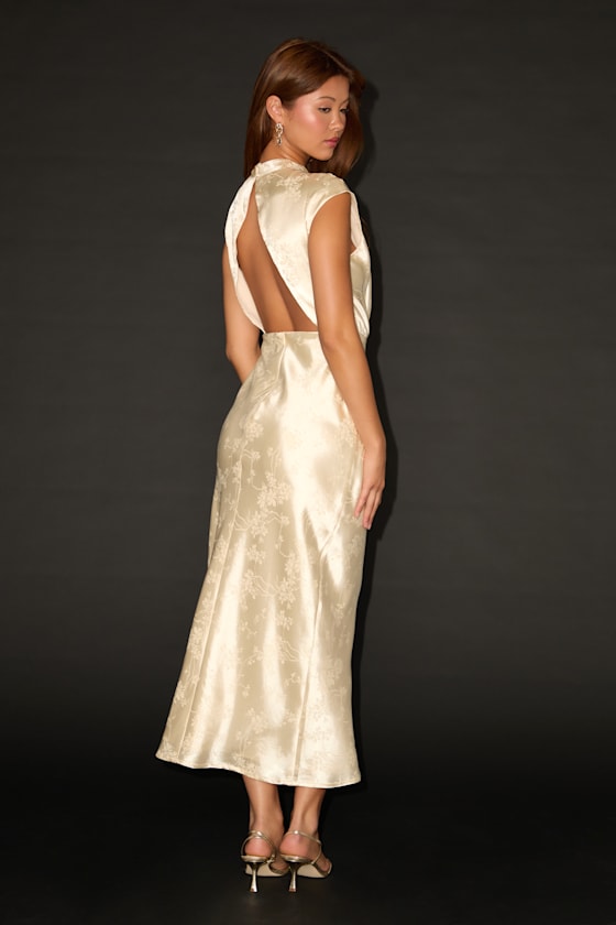 Gia Cream Satin Jacquard Cutout Midi Dress 3