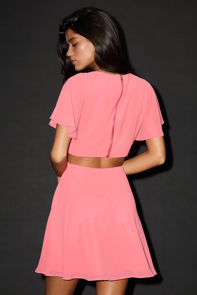 coral pink skater dress Coral Skater Dress - Chiffon Mini Dress - Cutout Skater Dress