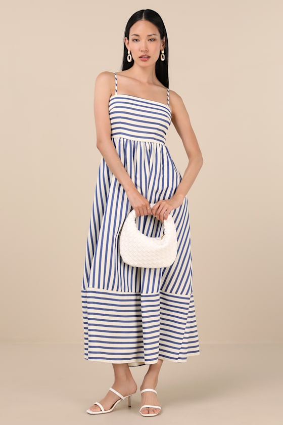 Image of Exceptionally Pristine Blue and Cream Striped Cutout Midi Dress