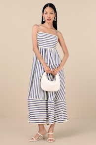 Exceptionally Pristine Blue and Cream Striped Cutout Midi Dress 1
