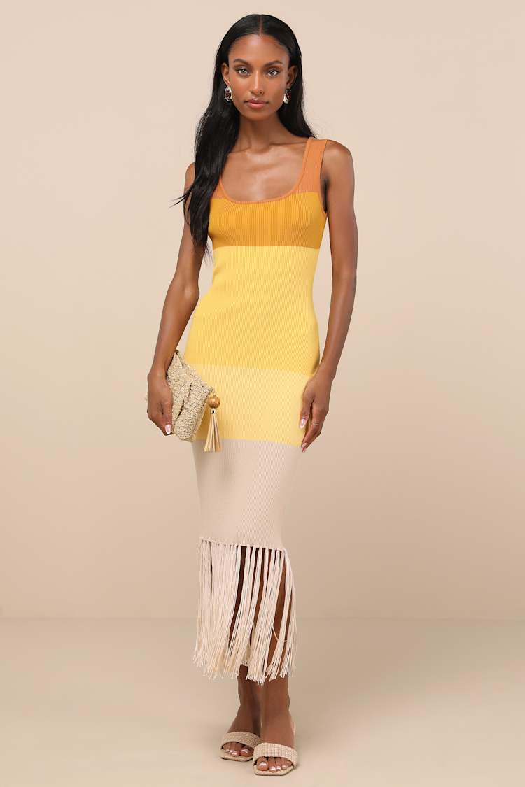 Yellow Color Block Dress - Sweater Midi Dress - Fringe Trim Dress - Lulus