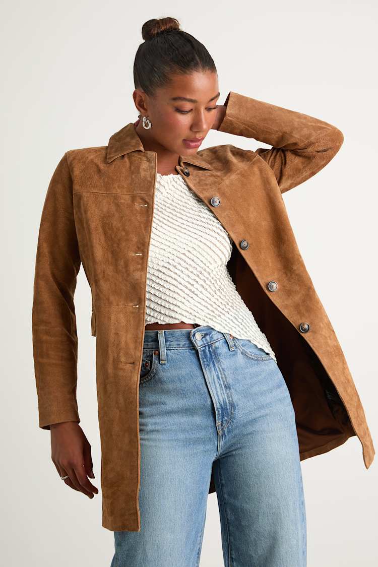 Vessa Brown Suede Collared Trench Coat