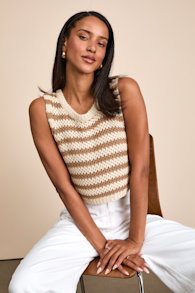 Marielle Beige and Brown Striped Crop Sweater Tank Top 1