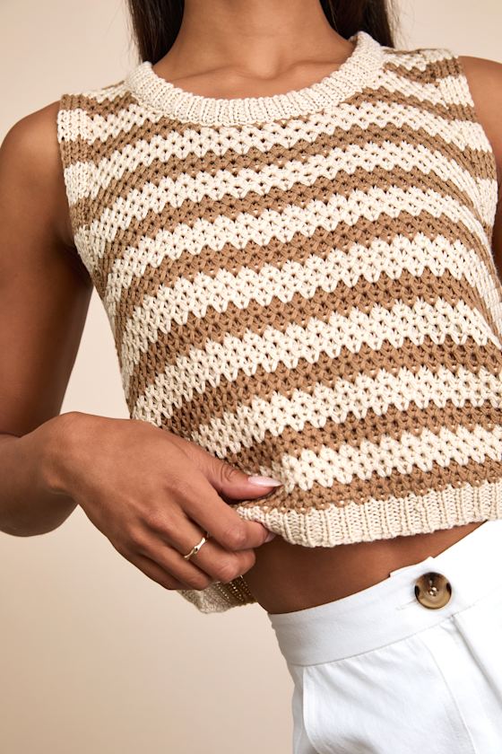 Marielle Beige and Brown Striped Crop Sweater Tank Top 5