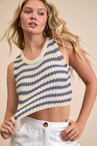 Marielle Beige and Blue Striped Crop Sweater Tank Top 1