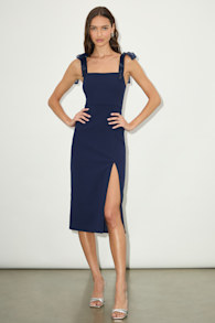 Romantic Celebration Navy Tie-Strap Bodycon Midi Dress 1