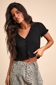 Keighlen Black Ribbed Ruffled Short Sleeve Sweater Top 1