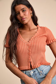 Keighlen Rust Orange Ribbed Ruffled Short Sleeve Sweater Top 1