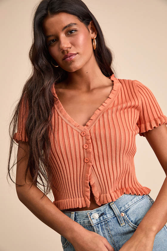 Keighlen Rust Orange Ribbed Ruffled Short Sleeve Sweater Top 1