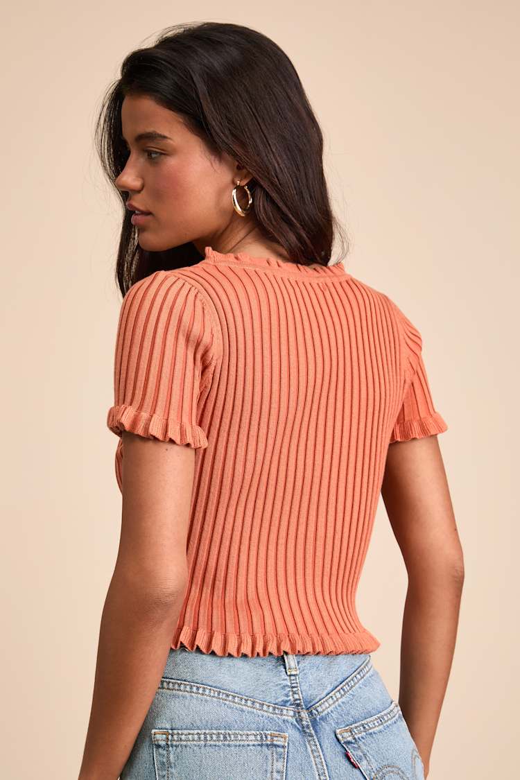 Keighlen Rust Orange Ribbed Ruffled Short Sleeve Sweater Top