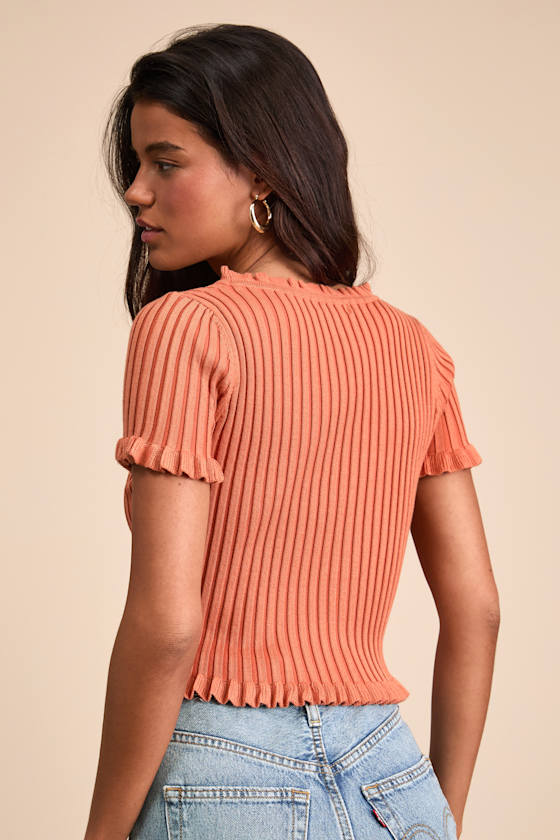 Keighlen Rust Orange Ribbed Ruffled Short Sleeve Sweater Top 2