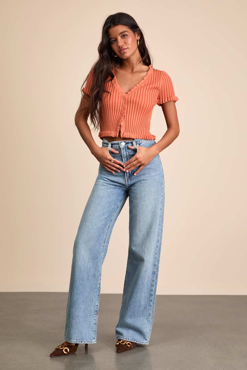 Keighlen Rust Orange Ribbed Ruffled Short Sleeve Sweater Top