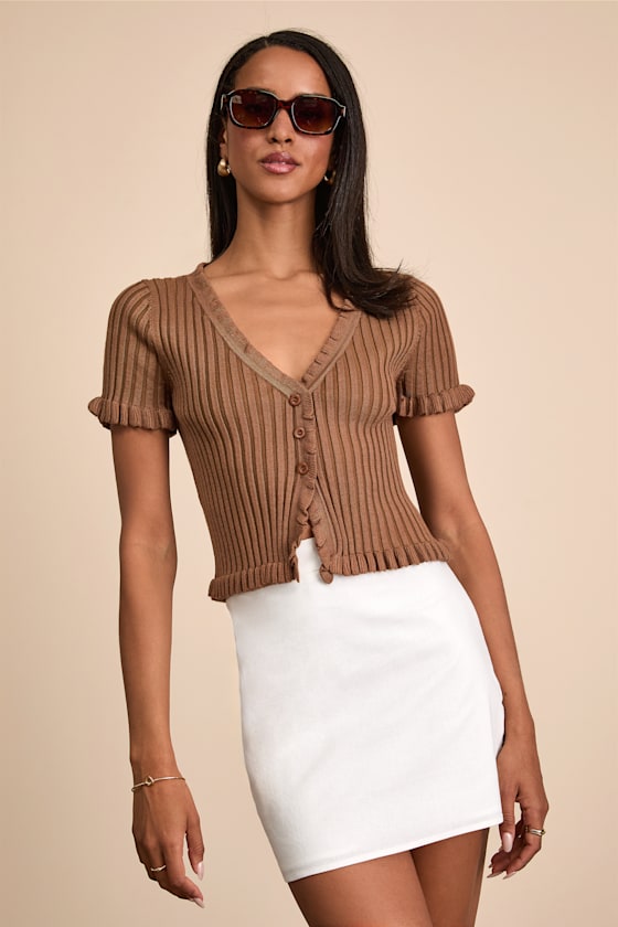 Keighlen Brown Ribbed Ruffled Short Sleeve Sweater Top 1