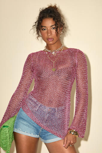 Kahele Shiny Pink Sheer Open-Knit Long Sleeve Tunic Top 1