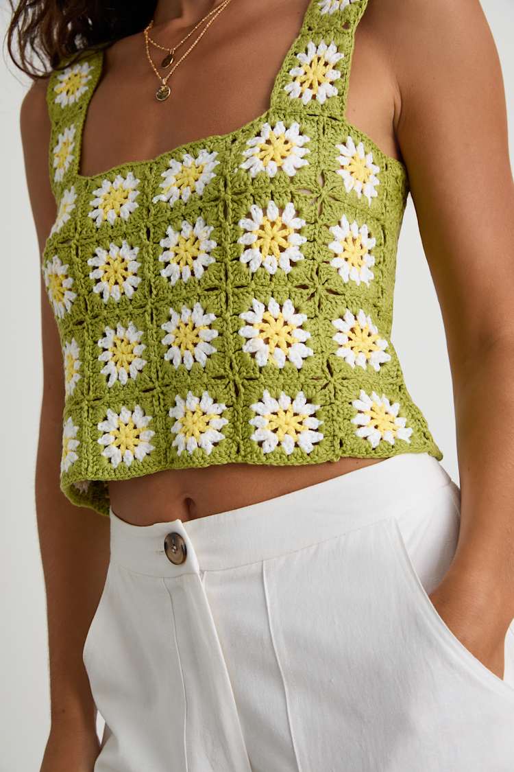 Tamren Lime Green and Yellow Crochet Knit Crop Tank Top