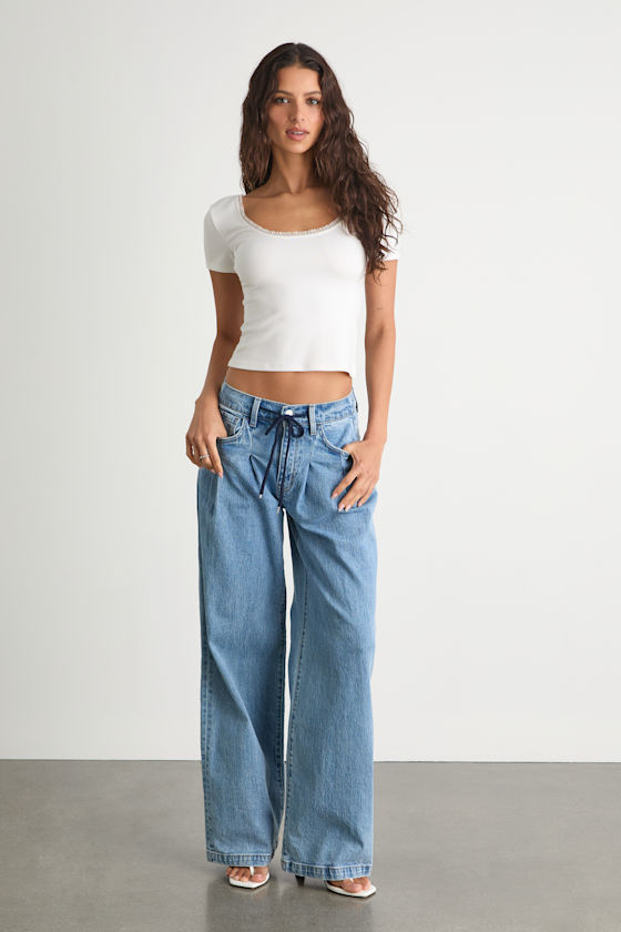 Vervet Drawstring Jeans - Light Wash Pleated Jeans - Wide Jeans