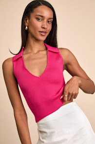 Rhaella Hot Pink Ribbed Collared Crop Sweater Tank Top 1
