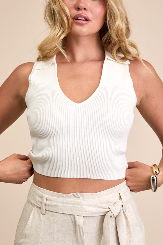 Rhaella Ivory Ribbed Collared Crop Sweater Tank Top 2