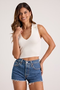 Rhaella Ivory Ribbed Collared Crop Sweater Tank Top 1