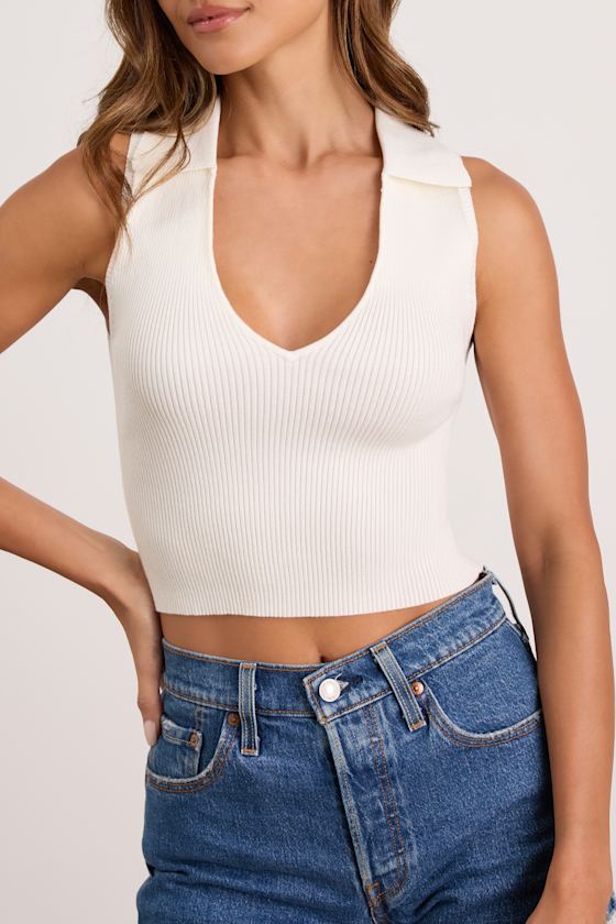 Rhaella Ivory Ribbed Collared Crop Sweater Tank Top 2