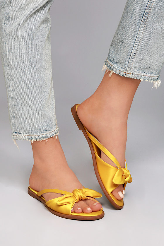 Tia Yellow Satin Knotted Slide Sandals 5