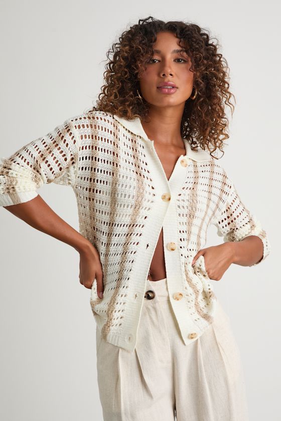 Ivory Striped Cardigan - Loose Crochet Cardigan - Longline Cardi