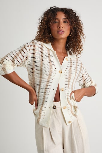Maysen Ivory and Beige Striped Crochet Collared Cardigan 1