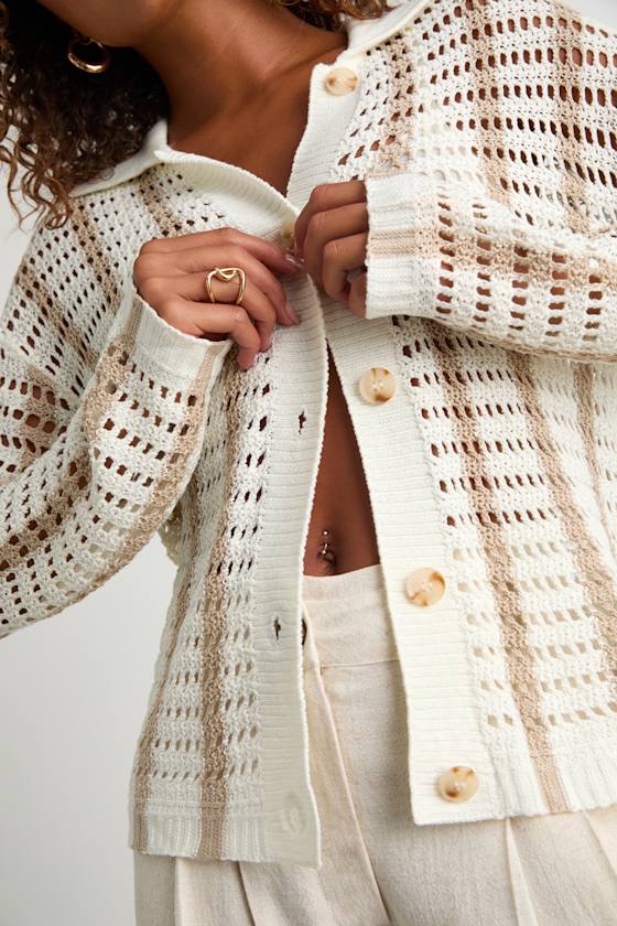 Maysen Ivory and Beige Striped Crochet Collared Cardigan 2