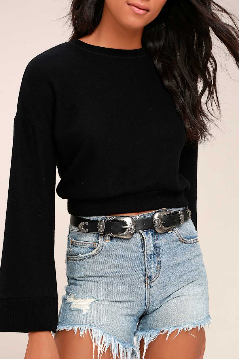 Boho Black and Silver Belt - Double Buckle Belt - Engraved  display picture 3