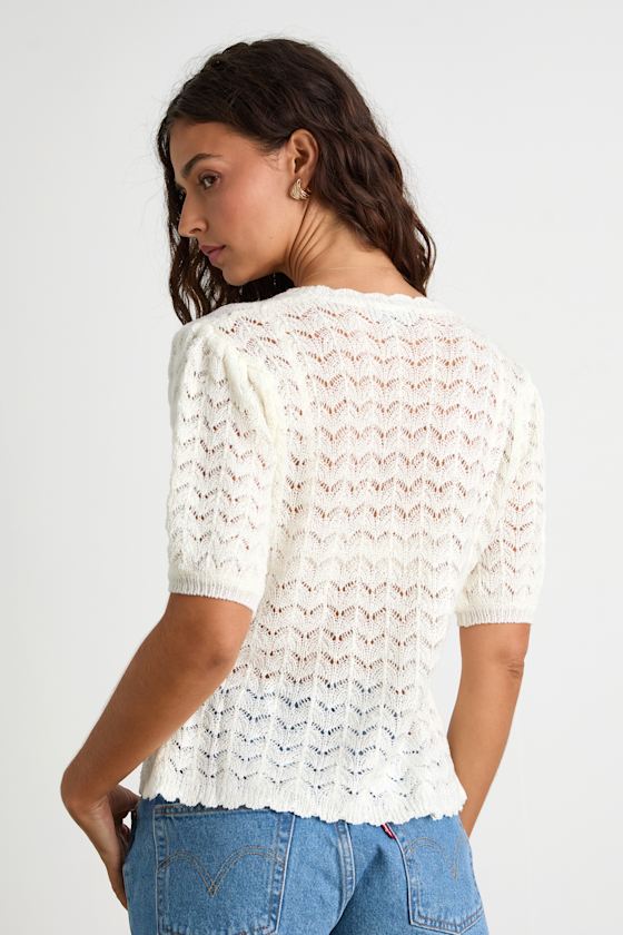Ivory Pointelle Knit Top - Puff Sleeve Top - Button-Front Top - Lulus