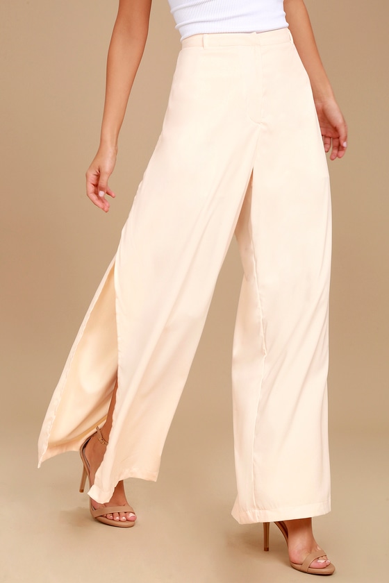 white satin wide leg pants